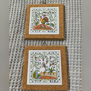Set of 2 Vintage Hand Painted Portugal Tiles Cork Trivet Hot Plates Folk Art